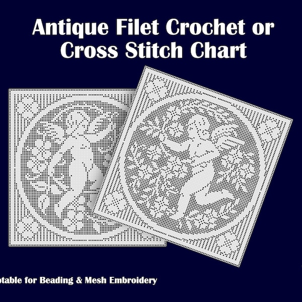 2x Reproduction Antique (1910s/1920s) Pattern Charts for Filet Crochet / Cross Stitch Angels Cherubs - updated, easy-to-read format