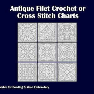 9 gráficos de patrones antiguos de reproducción (1914) para crochet de filete/punto de cruz de cuadrados geométricos: formato actualizado y fácil de leer.
