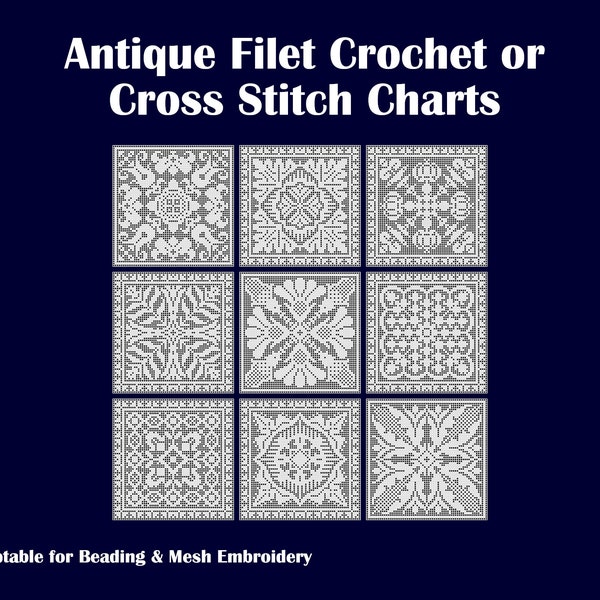 9x Reproduction Antique (1914) Pattern Charts for Filet Crochet / Cross Stitch Geometric Squares - updated, easy-to-read format