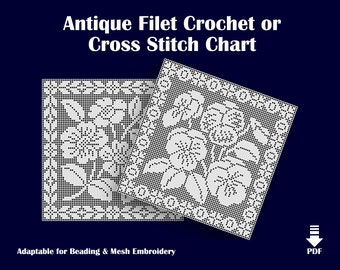 May include: A digital download of a vintage style filet crochet or cross stitch chart featuring a floral design. The chart is adaptable for beading and mesh embroidery. The chart is available in PDF format.