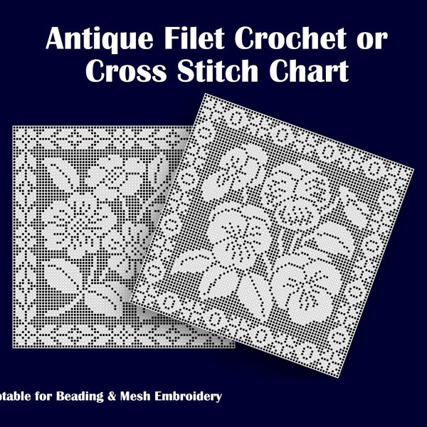 2x Reproduction Antique (1910s/1920s) Pattern Charts for Filet Crochet / Cross Stitch Pansies Flowers - updated, easy-to-read format