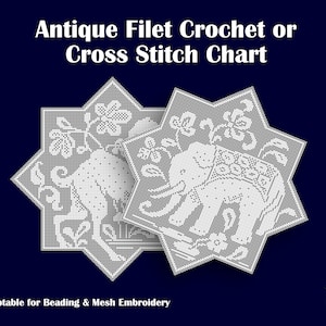 2x Reproduktion Antike (1910er/1920er) Muster Charts für Filet Crochet / Kreuzstich Elefant & Kamel - aktualisiertes, gut lesbares Format