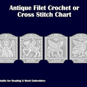 4x Reproducciones de patrones antiguos (aprox. 1910/1920) para crochet de filete/punto de cruz &quot;Los Evangelistas&quot; - formato actualizado