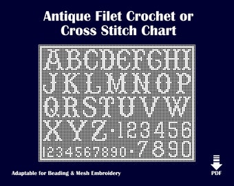 May include: A black and white alphabet chart for filet crochet or cross stitch. The chart includes the letters A through Z and the numbers 0 through 9. The chart is adaptable for beading and mesh embroidery.  PDF download icon.