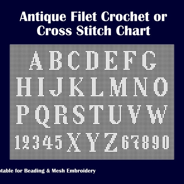 Reproduction Antique Pattern Chart for Filet Crochet / Cross Stitch Alphabet Letters Numbers Panel