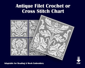 4x Reproduction Antique (1910s/1920s) Pattern Charts for Filet Crochet / Cross Stitch Art Nouveau Flowers - updated, easy-to-read format