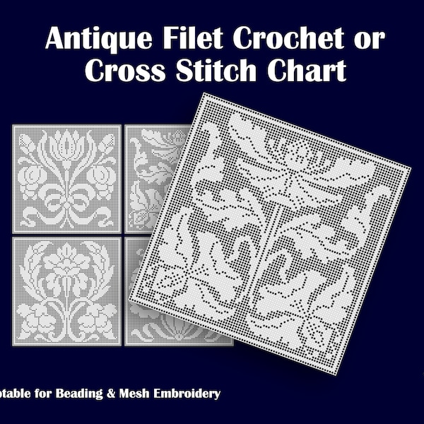 4x Reproduction Antique (années 1910/1920) Pattern Charts for Filet Crochet / Cross Stitch Art Nouveau Flowers - format mis à jour et facile à lire