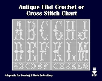 May include: A black and white chart featuring the letters A to L in a decorative font. The chart is labelled "Antique Filet Crochet or Cross Stitch Chart" and "Adaptable for Beading & Mesh Embroidery".