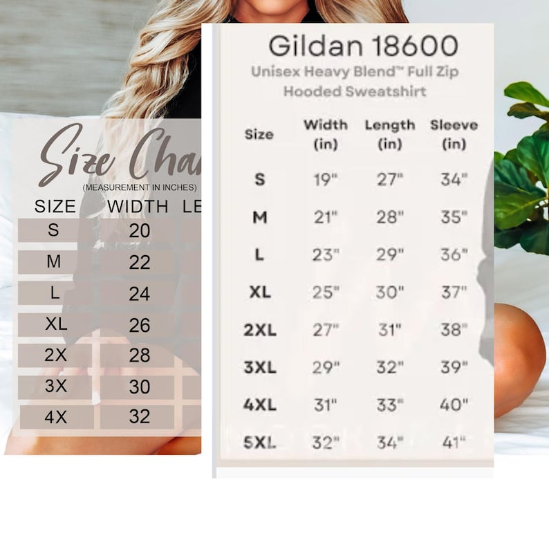 May include: Size chart for a Gildan 18600 Unisex Heavy Blend Full Zip Hooded Sweatshirt. The chart shows sizes S through 5XL with corresponding measurements in inches for width, length, and sleeve length.
