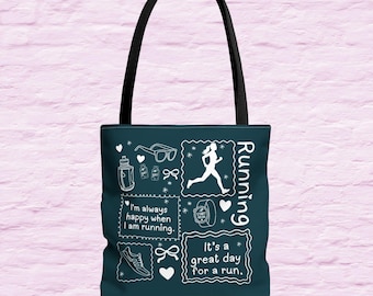 May include: A teal tote bag with a black handle features white illustrations of running-related items and text. The text includes "Running", "I'm always happy when I am running", and "It's a great day for a run."