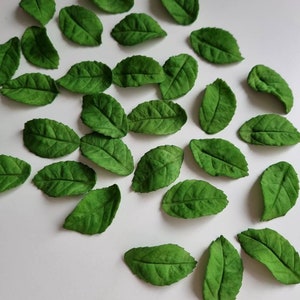 May include: A collection of green felt leaves, scattered on a white background. The leaves are various sizes and shapes, with a slightly textured surface.