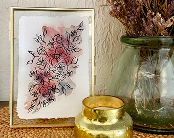 Hana - Framed Original Art, Floral Wall Art, Fine Art Gift, Whimsical Florals, Aquarelle