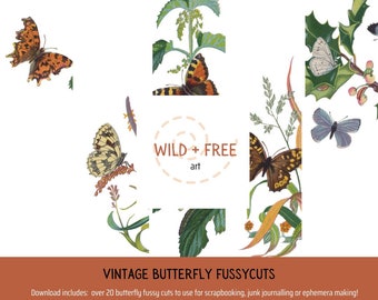 Vintage Butterfly Fussy Cut Printable Paper Pack for Junk Journalling and Scrapbooking