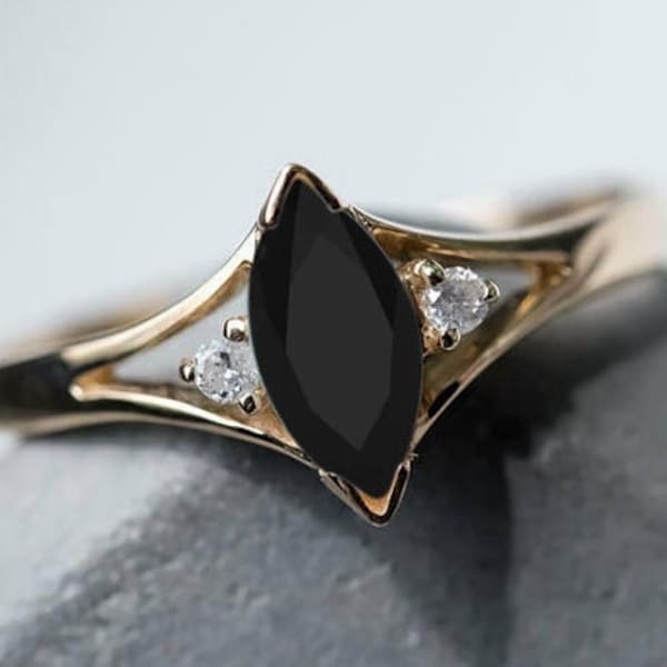 Marquise Black Onyx Gold Vermeil Ring Silver Ring, Marquise Black Ring, Onyx ,Solid 925 Sterling Silver ring