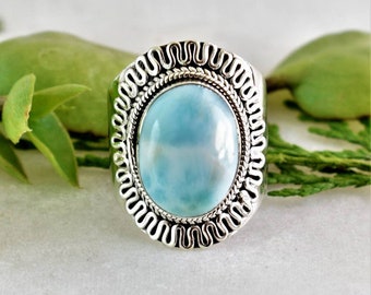 Handmade Larimar Ring, Sterling Silver Boho Statement Ring