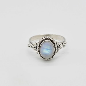 Moonstone Ring | Moonstone Engagement Ring | Rainbow Moonstone Ring | 7x9 mm Oval Moonstone Ring | Sterling Silver Moonstone Ring