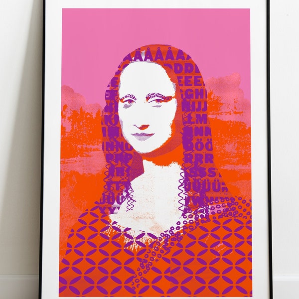 Mona Lisa Print Poster, Bright Colourful Gallery Wall Art, Pink, Orange, Purple, Pattern Print, Letraset Typography, Nice Smile, Female Art