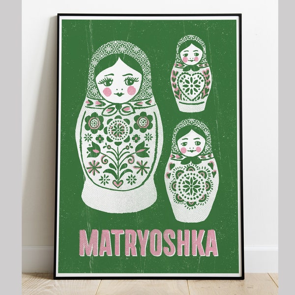 Matryoshka Russian Doll Poster Print, Folk Art, Green and Pink Gallery Wall Art, Gift for Mothers Mums Daughters and Grandmas.