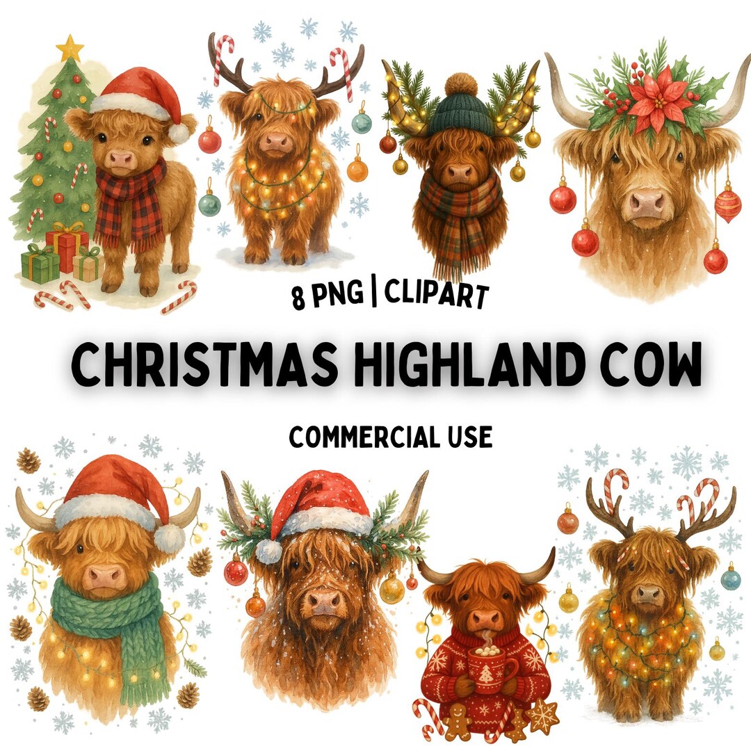 Christmas Highland Cow Png Bundle - Christmas PNG, Baby Highland Cow ...