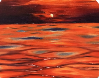 Pôr do sol laranja, pintura a óleo original, pintura do pôr do sol, arte da parede do pôr do sol, pintura de paisagem marítima com óleo sobre tela, pintura de paisagem