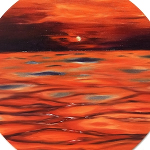 Orange sunset, Original oil painting, Sunset painting, Sunset wall art, Seascape painting with oil on canvas board, Landscape painting