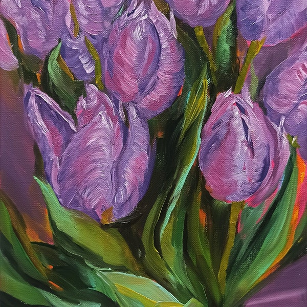 Décoration de chambre à coucher Tulipes violettes, peinture à l'huile sur papier, Art original de tulipes à l'huile, Décoration florale pour la maison, Cadeau pour amateur d'art, Art mural fleurs