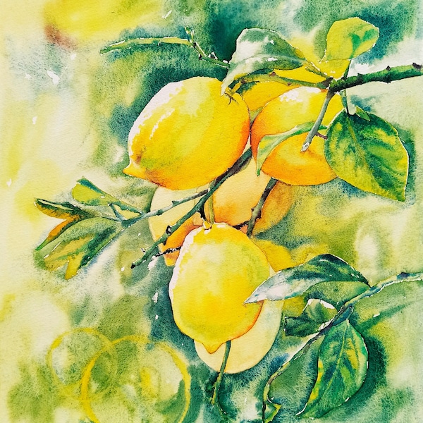 Pintura original de limones de acuarela, Pintura de acuarela de limón amarillo brillante, Arte realista de acuarela, Decoración floral de la pared Pintura estética