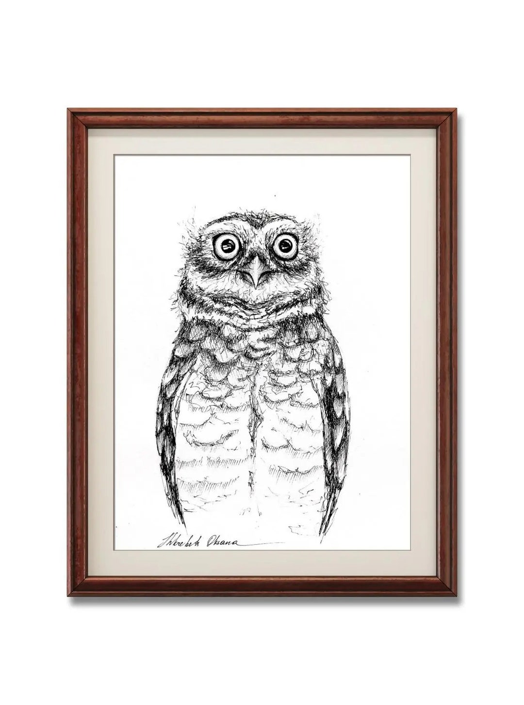 Original Little Owl Ink Painting, Realistic Ink Owl, Gray Owl, Pet ...
