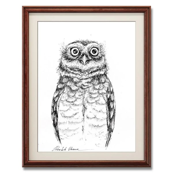 Original little owl ink painting, Realistic ink owl, Gray owl, Pet portrait, Black wall art and decor, Expressive ink drawing, Bird painting