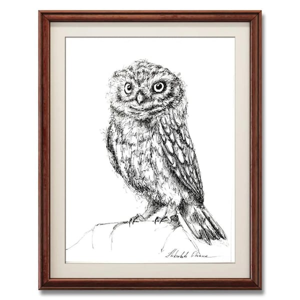 Original little owl ink painting, Realistic ink owl, Gray owl, Pet portrait, Black wall art and decor, Expressive ink drawing, Bird painting