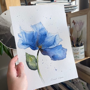 Papavero blu himalayano, pittura floreale ad acquerello originale, pittura ad acquerello realistica, decorazione murale floreale, arte floreale estetica