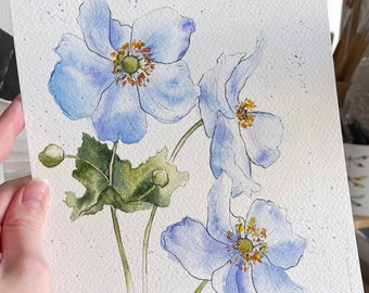 Hellblaue Anemonen, Original Aquarell Blumenmalerei, Realistische Blumenmalerei, Blumenwanddekor, Ästhetische Blumenkunst