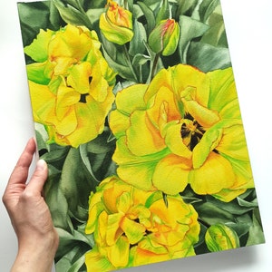 Tulipes ensoleillées, peinture florale originale à l'aquarelle, décoration murale florale verte, art mural fleur jaune, art tulipe esthétique, cadeau pour amateur d'art