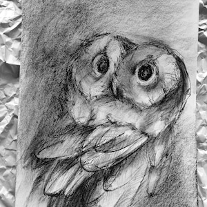 Original charcoal tawny owl painting, Realistic charcoal owl, Gray owl, Pet portrait, Black wall art and decor, Expressive charcoal drawing