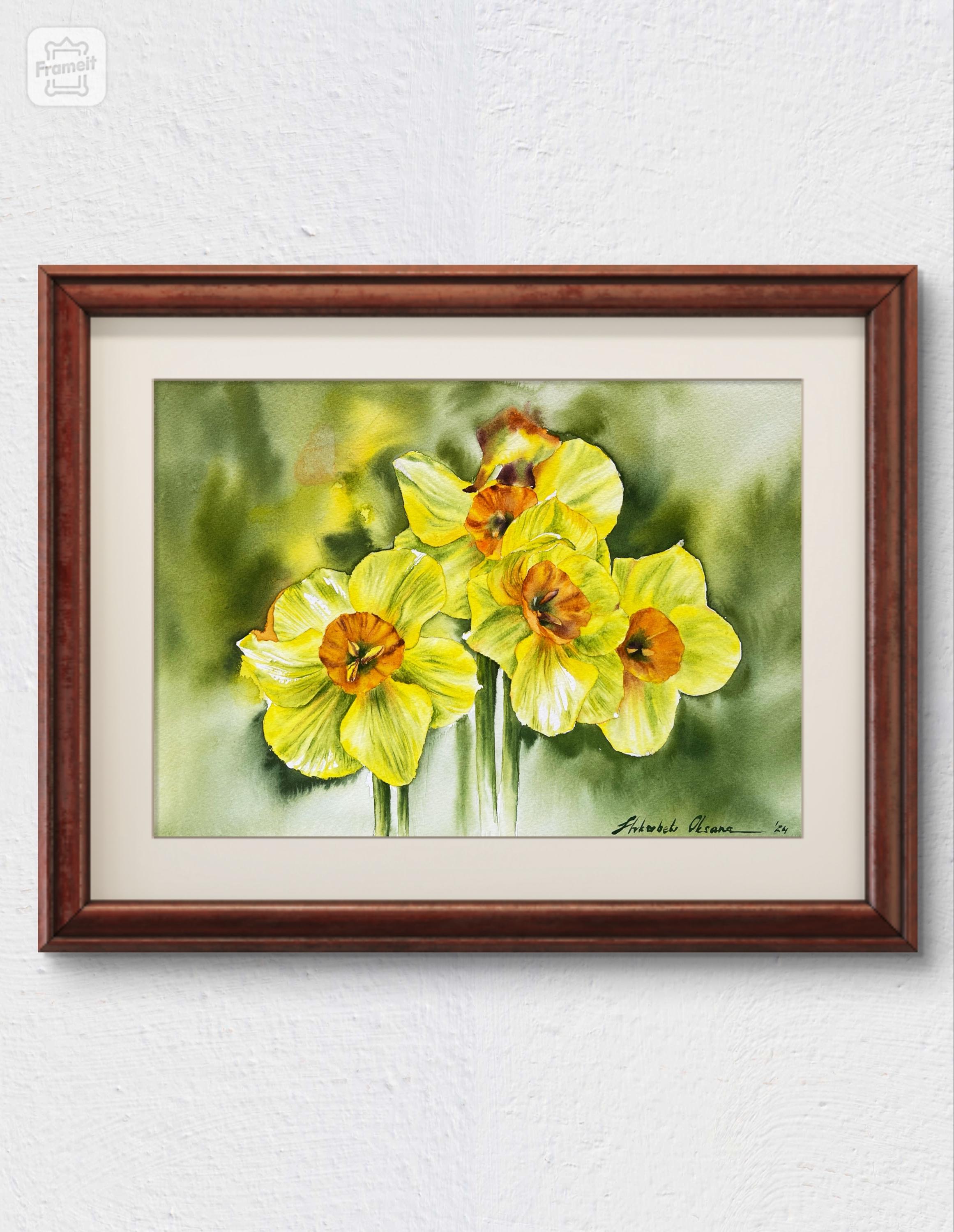 Goldene gelbe Narzissen - Original Aquarell Gemälde von Shkrebets Oksana, Fröhliche Blumenkunst für Weihnachtsgeschenke, Ästhetische Blumenkunst