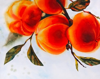 Pintura original de frutas en acuarela, Pintura en acuarela de caqui naranja, Arte realista en acuarela, Decoración floral de paredes, Pintura estética