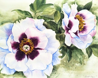 Light blue peonies, Original watercolor flower painting, Floral wall decor, Flower wall art, Aesthetic peony art