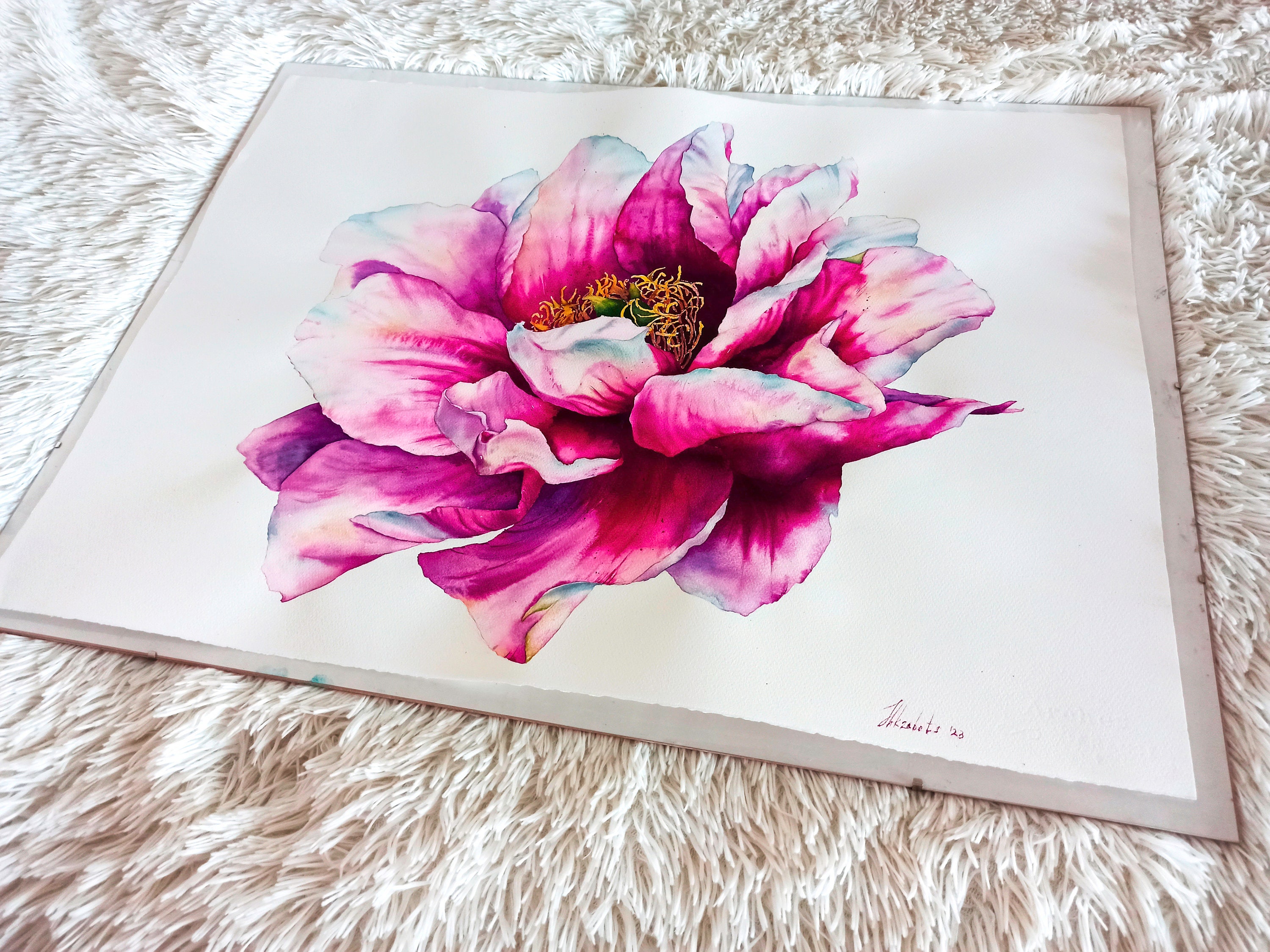 Original Watercolor Pink Peony Painting, Large Watercolor Painting ...
