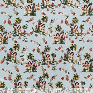 Island Princess Sky - Hula Girl and Palm Tree Hawaiian Tropical 100% Barkcloth Crepe Fabric by the Yard