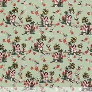 Island Princess Mint - Hula Girl and Palm Tree Hawaiian Tropical 100% Barkcloth Crepe Fabric by the Yard