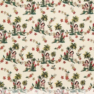 Island Princess Cream - Hula Girl and Palm Tree Hawaiian Tropical 100% Barkcloth Crepe Fabric by the Yard