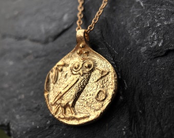 Athena Owl Coin Necklace: 18K Gold Plated Sterling Silver Greek Medallion