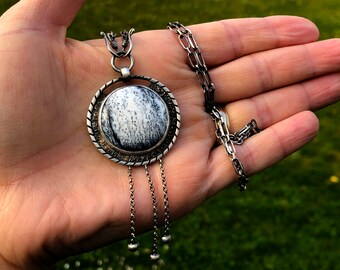 Sterling Silver Dendritic Agate Pendant Necklace, Oxidized Artisan Jewelry