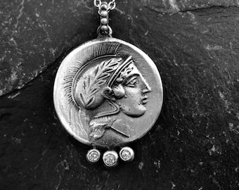Sterling Silver Greek Coin Necklace: Athena Pendant with Zircon Stones