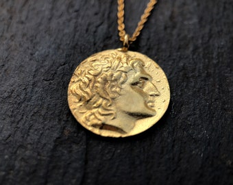 Greek Coin Necklace, Alexander Great Coin Pendant, Gold Roman Pendant, Greece Mythology Medallion, Ancient Greek Jewelry,  Men Coin Charm