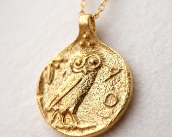 Athena Owl Necklace, Ancient Coin Pendant, Greek Mythology Jewelry, Wisdom Symbol Gift