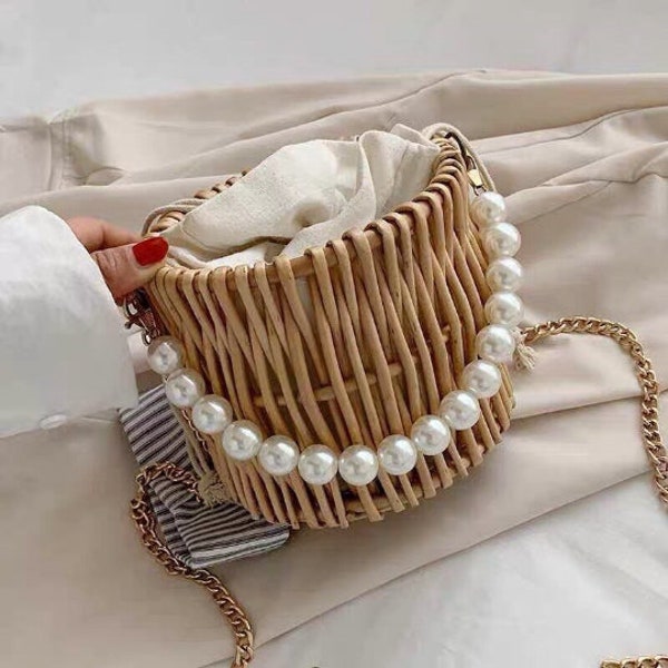 Shoulder Crossbody Bag,Pearl Beads Handle Bag, Summer Woven Straw Bags, Pearl Chain Round, Handmade Rattan Beach Bag