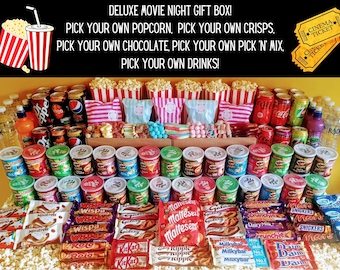 Personalised Deluxe Movie Night Box of Treats - 5 Sizes - Date Night, Family Gift, Teacher, Popcorn, Pick 'n' Mix, Crisps, Chocolate, Drinks