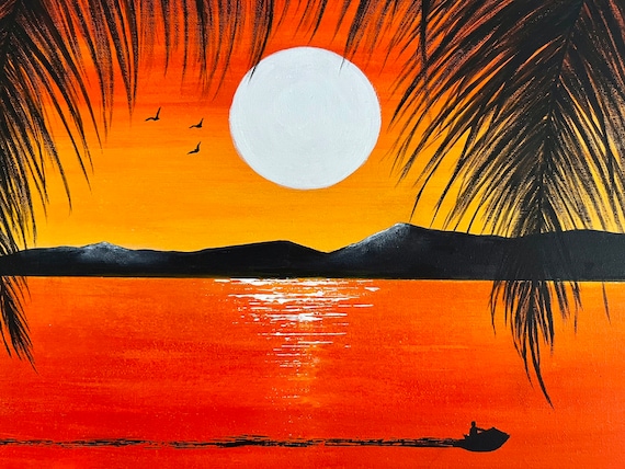 ヤシの木と夕日の絵画 - Etsy 日本
