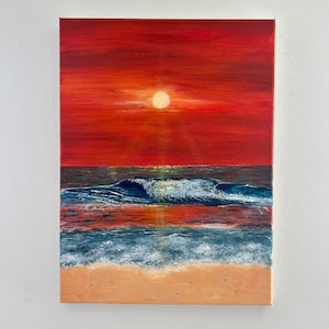 Sunset beach and waves painting